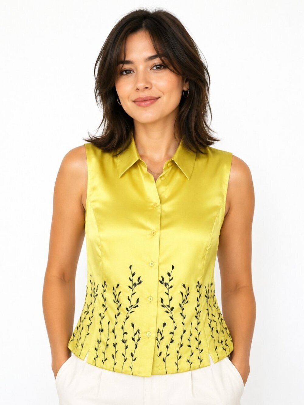 Ice Mustard Yellow Black Embroidered Silk Sleeveless Top